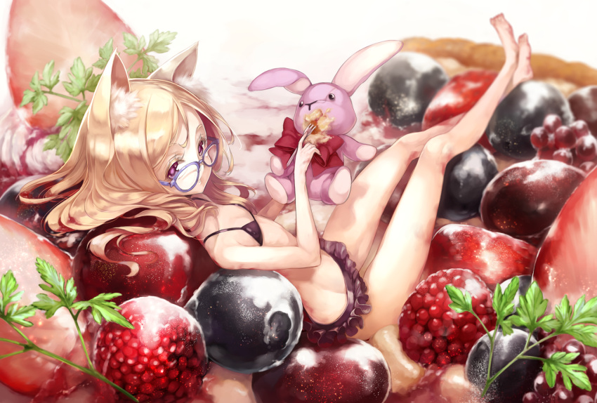 1girl animal_ears bangs barefoot bikini bikini_skirt blonde_hair blue-framed_glasses blueberry blurry bow bowtie colored_eyelashes cranberry dearrose depth_of_field food frills from_above fruit full_body holding_fork in_food leaf long_hair looking_at_viewer original oversized_object pastry purple_bikini raspberry red_bow red_bowtie solo strawberry string_bikini stuffed_animal stuffed_bunny stuffed_toy sweets swept_bangs swimsuit tart_(food) violet_eyes