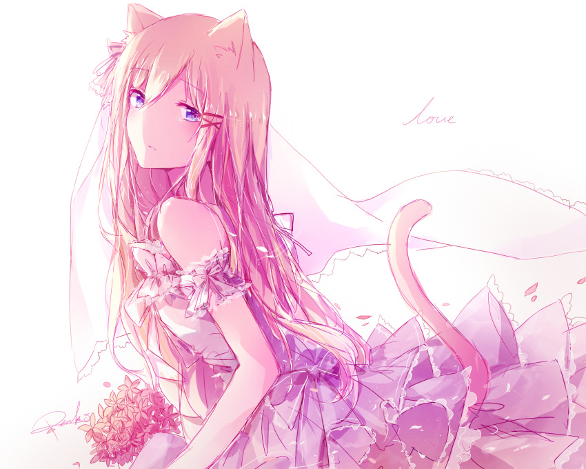 aliasing animal_ears blonde_hair blue_eyes cat_ears dress flower highres love original peneko signature tail veil