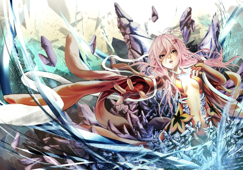 1girl bare_shoulders black_legwear breasts center_opening cleavage crystal detached_sleeves fingerless_gloves fingernails gloves guilty_crown hair_ornament hairclip hand_on_own_chest highres long_hair looking_at_viewer navel open_mouth pink_hair red_eyes rmilanis solo twintails yuzuriha_inori