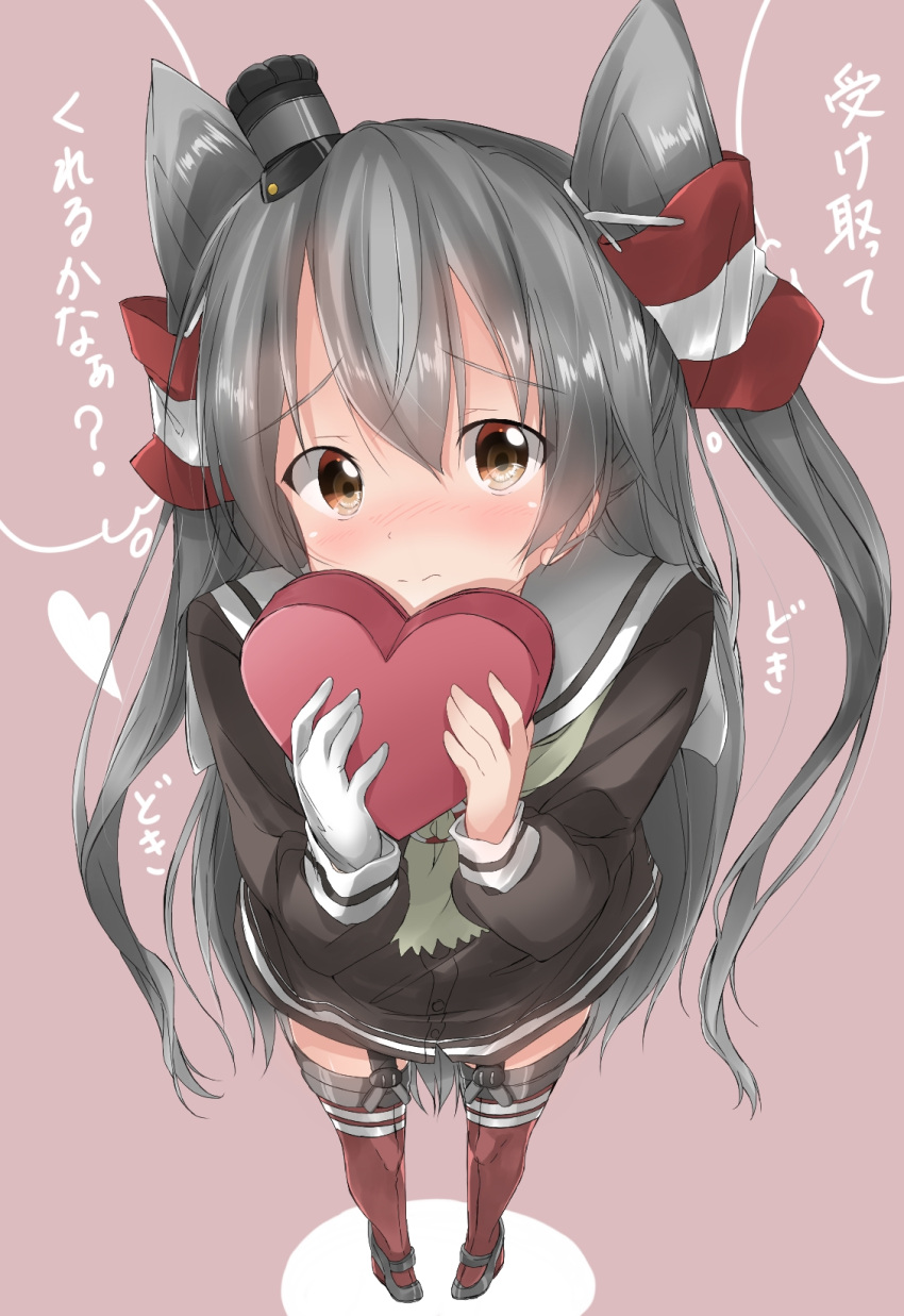 1girl amatsukaze_(kantai_collection) blush box brown_dress brown_eyes choker commentary_request dress from_above garter_straps gift gift_box gloves hair_between_eyes hair_tubes heart highres holding_gift kantai_collection long_hair long_sleeves looking_at_viewer pentagon_(railgun_ky1206) pink_background red_legwear sailor_collar short_dress silver_hair simple_background single_glove solo standing striped striped_legwear thigh-highs translation_request two_side_up valentine white_gloves windsock