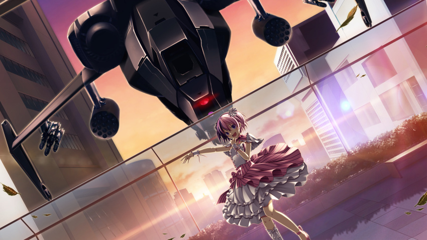1girl bow city dress dutch_angle frilled_dress frills game_cg hair_ribbon helicopter highres leaf lens_flare looking_at_viewer makita_maki multicolored_hair outstretched_arm pink_hair purple_hair ribbon ruu_(sorcery_jokers) short_hair short_twintails solo sorcery_jokers sunset twintails two-tone_hair violet_eyes