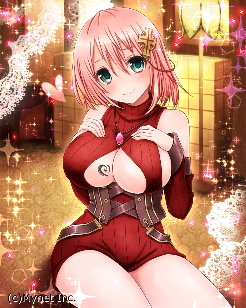1girl amulet aqua_eyes blush breasts cleavage_cutout copyright corset cross_hair_ornament detached_sleeves falkyrie_no_monshou frills hair_ornament hands_on_own_chest heart highres lamp large_breasts looking_at_viewer miyamae_porin official_art pink_hair red_sweater ribbed_sweater short_hair sitting smile solo sparkle sweater tattoo tattooed_breast