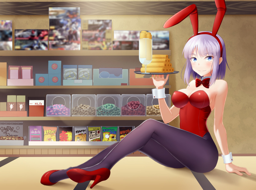 1girl animal_ears bag_of_chips bangs bare_shoulders blue_eyes blurry bow bowtie bunnysuit comic dagashi_kashi detached_collar eyebrows eyebrows_visible_through_hair fake_animal_ears food glass high_heels holding holding_tray indoors kneepits knees_up leotard looking_at_viewer package pantyhose pigeon-toed poster_(object) purple_hair purple_legwear rabbit_ears red_bow red_bowtie red_shoes shelf shidare_hotaru shoes shop short_hair skin_tight smile solo sweets takahirokun toy transparent tray tsurime visible_ears wrist_cuffs