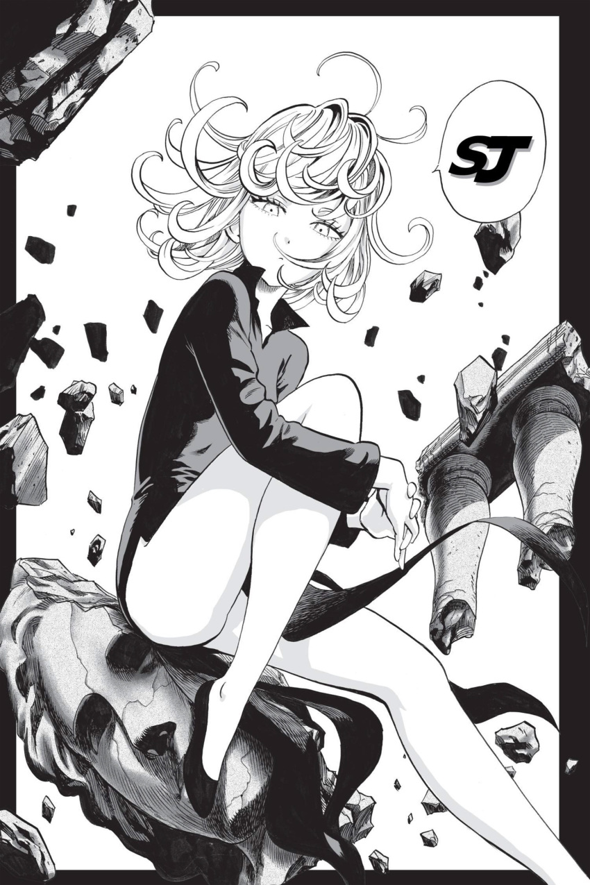 1girl absurdres bare_hips bare_legs black_dress collar collarbone curly_hair debris dress expressionless flats floating_rock from_below highres hips levitation long_sleeves looking_at_viewer looking_down messy_hair monochrome murata_yuusuke no_panties one-punch_man pelvic_curtain revealing_clothes rock rubble ruins scan short_hair side_slit solo speech_bubble staring statue tatsumaki telekinesis thighs