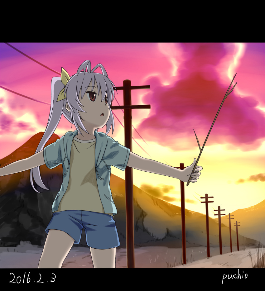 1girl antenna_hair black_border border chestnut_mouth commentary_request dated hair_ribbon highres long_hair miyauchi_renge mountain non_non_biyori open_mouth outdoors outstretched_arms power_lines puchio purple_hair red_eyes ribbon shorts signature solo stick sunset twintails