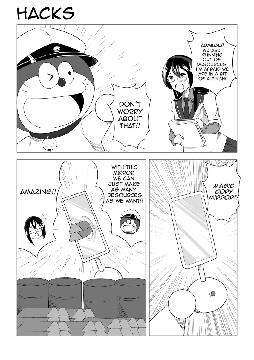 /\/\/\ 1girl admiral_(kantai_collection) comic commentary doraemon doraemon_(character) drum_(container) english glasses highres kantai_collection mirror monochrome ooyodo_(kantai_collection) revision steel_ingot sweatdrop wangphing