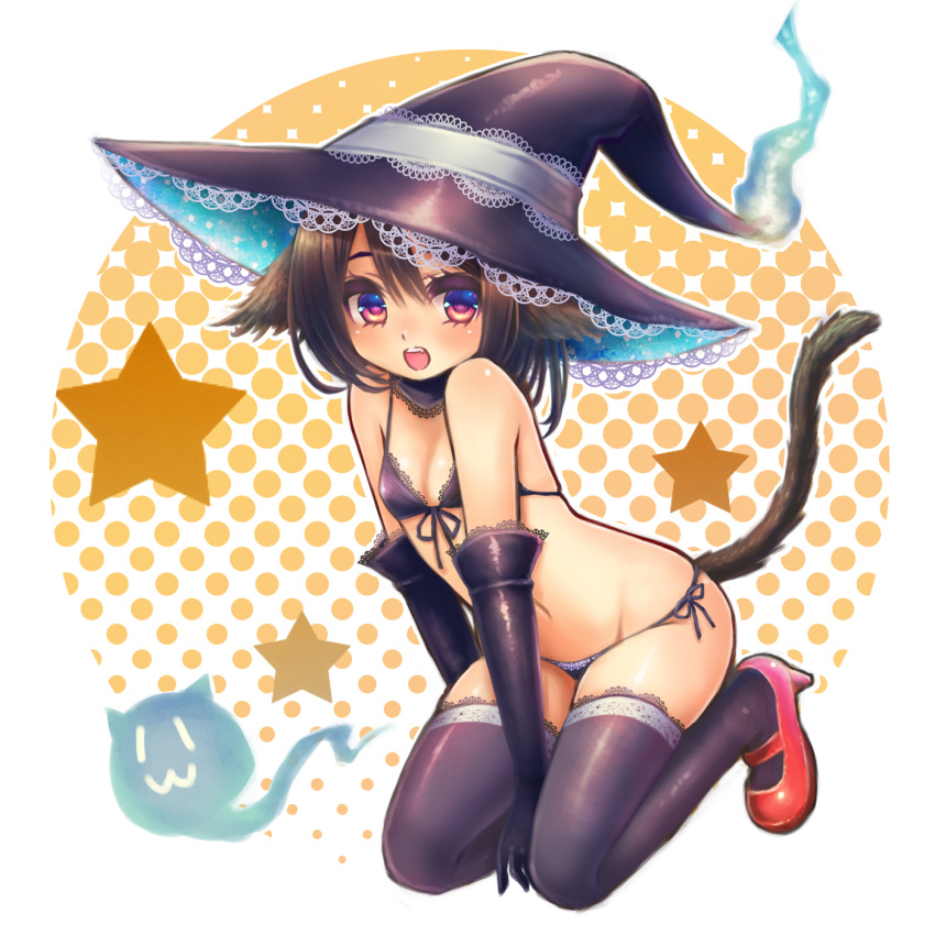 1girl animal_ears bikini blush brown_hair cat_ears cat_tail elbow_gloves frilled_hat frills ghost gloves hat highres miyamae_porin open_mouth orange_eyes original polka_dot polka_dot_background small_breasts solo star swimsuit tail thigh-highs witch_hat