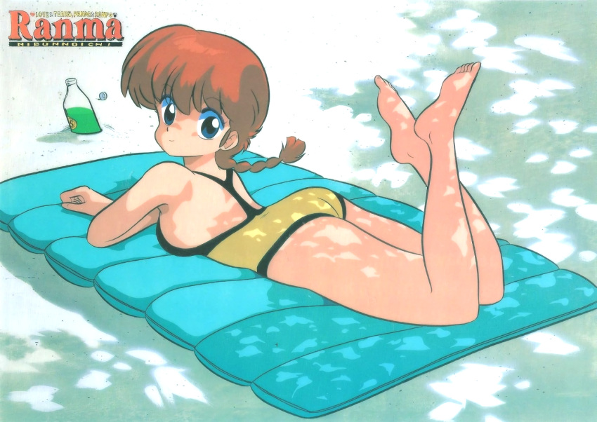 1girl barefoot blue_eyes bottle braid looking_at_viewer official_art one-piece_swimsuit outdoors ranma-chan ranma_1/2 redhead sand solo swimsuit