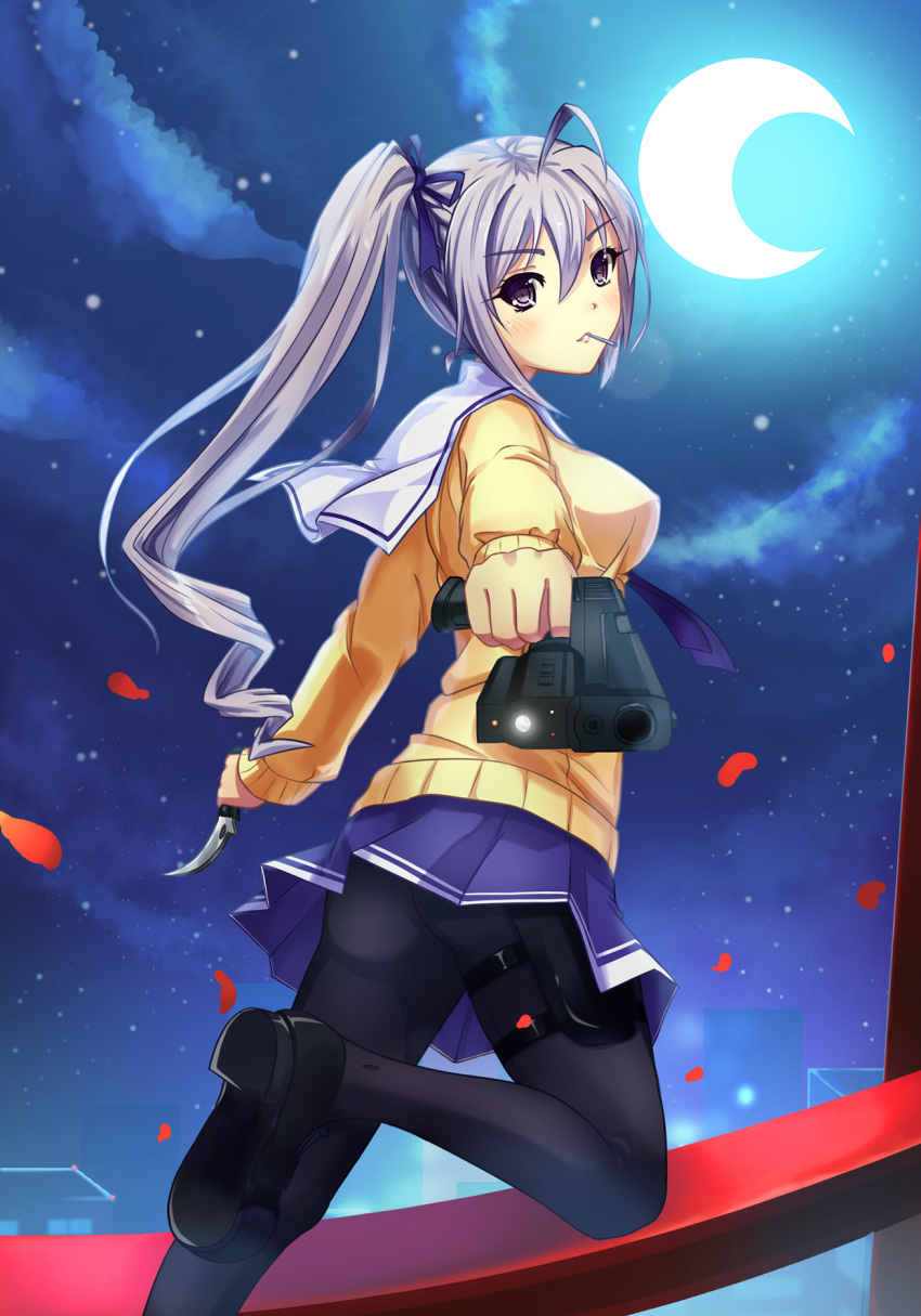 1girl black_legwear blue_skirt candy character_request dance_of_eternity gun hair_ribbon highres holding_gun holding_knife holding_weapon lollipop long_hair looking_at_viewer moon outdoors pantyhose pleated_skirt ribbon side_ponytail silver_hair skirt sky solo star_(sky) starry_sky violet_eyes weapon