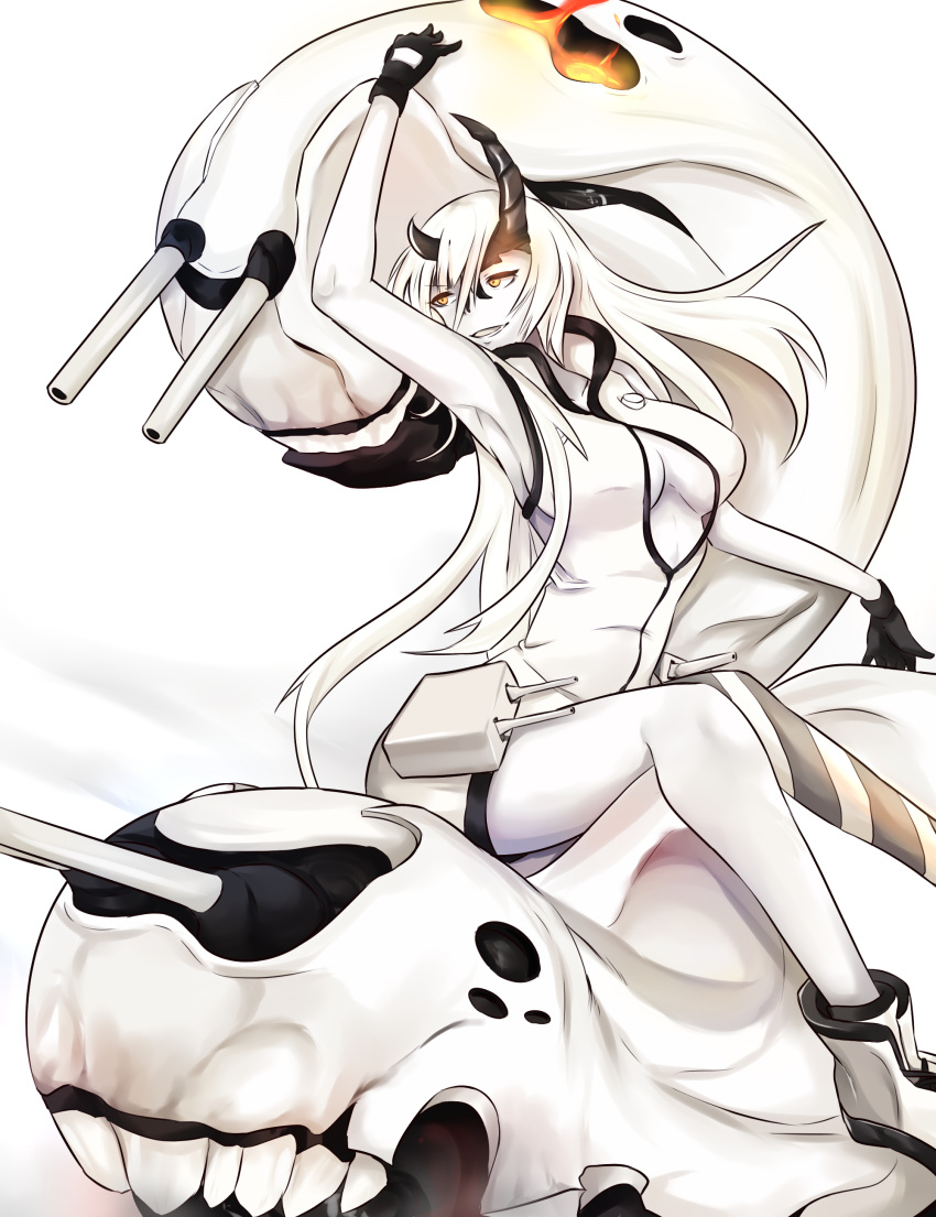 1girl :d absurdres armpits breasts cleavage cleavage_cutout dress heavy_cruiser_hime highres horns kantai_collection long_hair looking_at_viewer open_mouth shinkaisei-kan sitting smile solo turret wangphing white_dress white_hair white_skin yellow_eyes