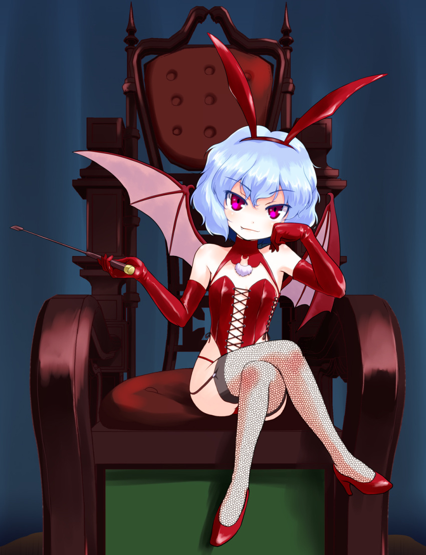 1girl bat_wings chair chin_rest crossed_legs highres long_gloves looking_at_viewer m-shiganai purple_hair red_eyes remilia_scarlet ribbon sitting solo touhou wings