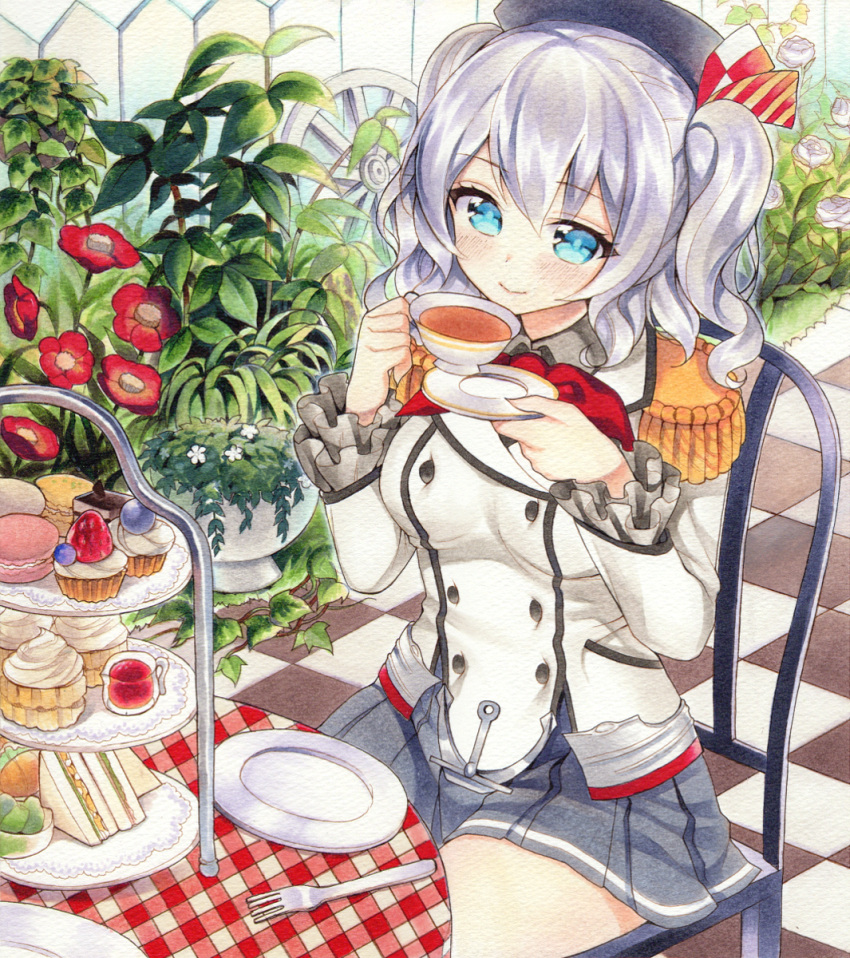 1girl anchor bangs beret blue_eyes buttons cake chair checkered checkered_floor cup cupcake double-breasted epaulettes fence flower food fork fruit hat highres jacket kantai_collection kashima_(kantai_collection) long_sleeves macaron military_jacket miniskirt mugicha0929 picket_fence plant plate pleated_skirt potted_plant sandwich saucer silver_hair sitting skirt smile solo strawberry table tea teacup tiered_tray twintails uniform wavy_hair white_jacket wooden_fence