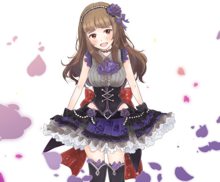 1girl artist_request blush brown_hair eyebrows hairband highres idolmaster idolmaster_cinderella_girls idolmaster_cinderella_girls_starlight_stage kamiya_nao long_hair looking_at_viewer open_mouth petals red_eyes smile solo