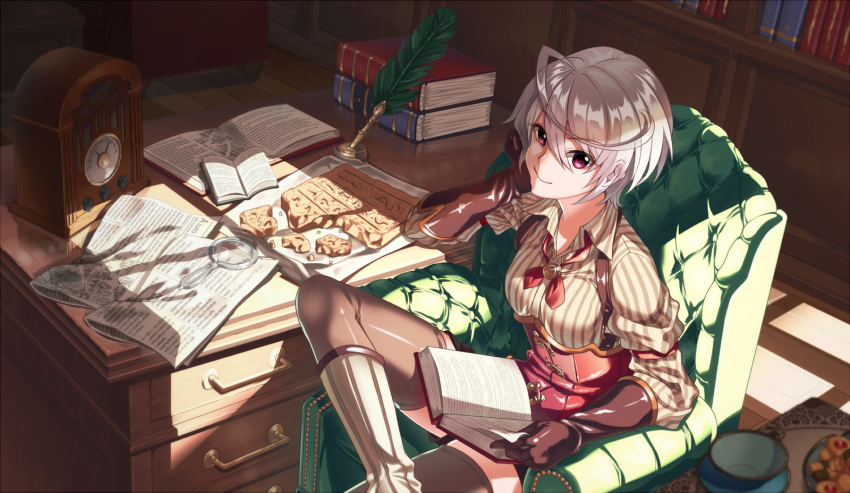 1girl ahoge albino arm_belt armchair bangs blurry book book_stack bookshelf broken brown_gloves brown_legwear chair clock closed_mouth collared_shirt cookie cravat cup depth_of_field desk drawer dress_shirt food from_above gloves hair_between_eyes hand_on_own_cheek head_rest highres holding holding_book huge_ahoge indoors long_sleeves looking_at_viewer magnifying_glass matsusatoru_kouji open_book original paper plate quill red_eyes red_ribbon relief ribbon saucer shade shirt short_hair shorts silver_hair sitting sitting_on_chair smile solo striped striped_legwear striped_shirt suspenders thigh-highs vertical-striped_legwear vertical-striped_shirt vertical_stripes wooden_floor
