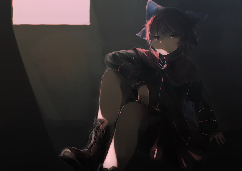1girl boots cape cross-laced_footwear dark hair_ribbon lace-up_boots light long_sleeves looking_at_viewer nori_(stak819) red_eyes redhead ribbon sekibanki shirt short_hair sitting skirt solo touhou