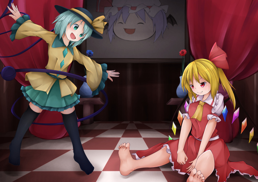 &gt;:) 2girls :d absurdres barefoot black_legwear blonde_hair blouse blue_hair blush crystal curtains fang fang_out flandre_scarlet flower green_eyes hat highres komeiji_koishi mob_cap multiple_girls no_shoes open_mouth outstretched_arms picture_frame portrait_(object) red_eyes remilia_scarlet shou_(ahiru_shinobu) side_ponytail sitting skirt skirt_set smile spread_arms thigh-highs tile_floor tiles toes touhou trait_connection vase vest wings yukkuri_shiteitte_ne