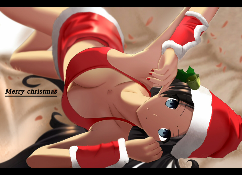 1girl bikini bikini_top black_hair blue_eyes breasts christmas cleavage collarbone fate/stay_night fate_(series) fur_trim hat highres letterboxed long_hair looking_at_viewer lying merry_christmas nail_polish on_side paperfinger red_bikini red_nails red_skirt santa_hat skirt smile solo swimsuit toosaka_rin