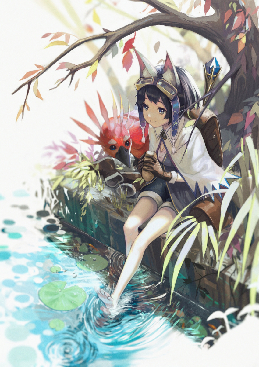 1girl animal_ears backpack bag barefoot bird black_hair boots bread capelet cat_ears eating feet_in_water food gloves goggles goggles_on_head green_eyes highres legs lily_pad original pine_(yellowpine112) ripples shoes_removed short_hair shorts soaking_feet solo tail tree water