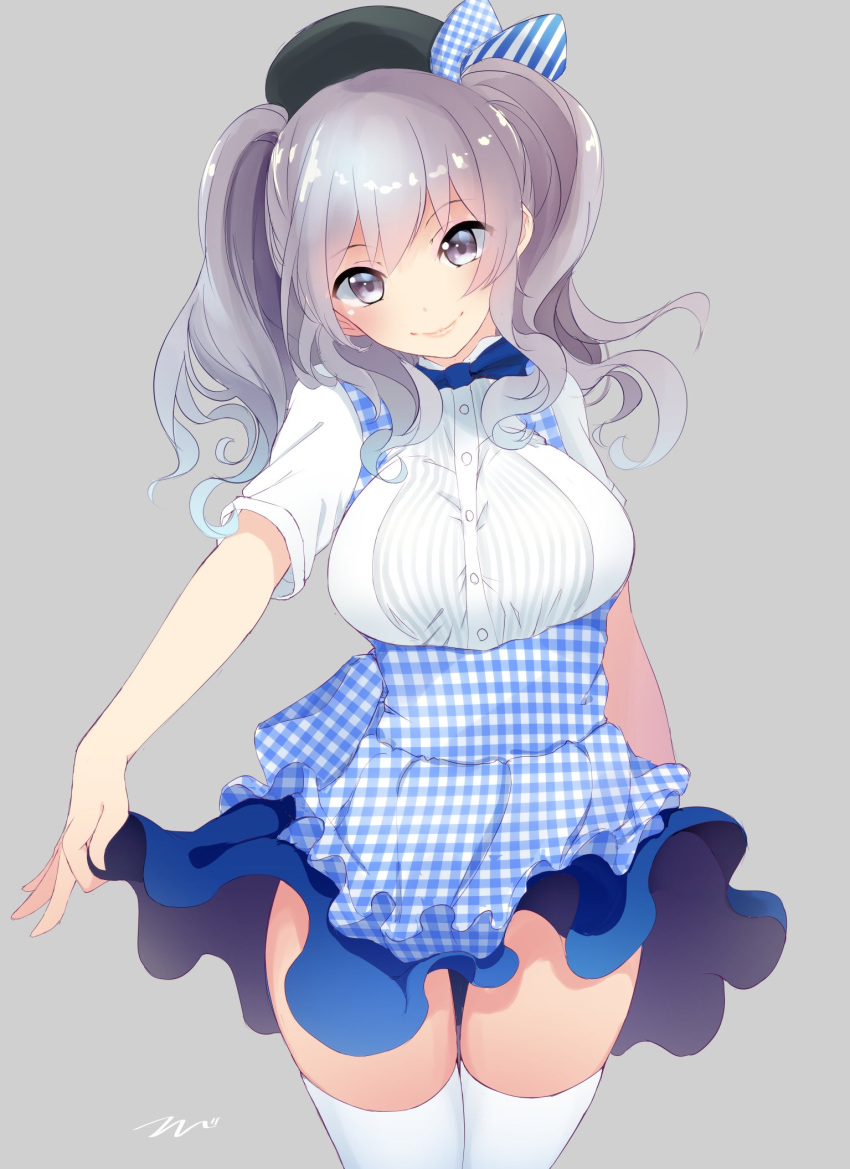 1girl alternate_costume beret bow bowtie breasts employee_uniform grey_background grey_eyes hat highres kantai_collection kashima_(kantai_collection) large_breasts long_hair looking_at_viewer shirt sidelocks silver_hair simple_background skirt smile solo taut_clothes taut_shirt tbd11 thigh-highs thigh_gap twintails uniform wavy_hair white_legwear