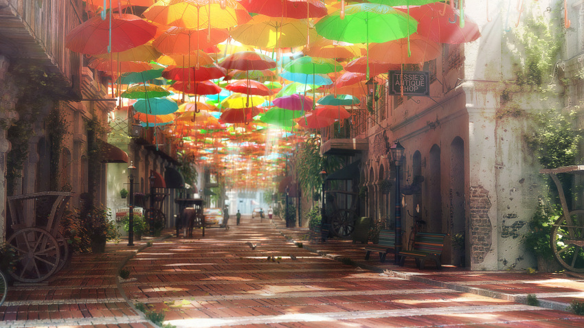 building colorful highres murad_abujaish road scenery shop street sunlight umbrella vanishing_point