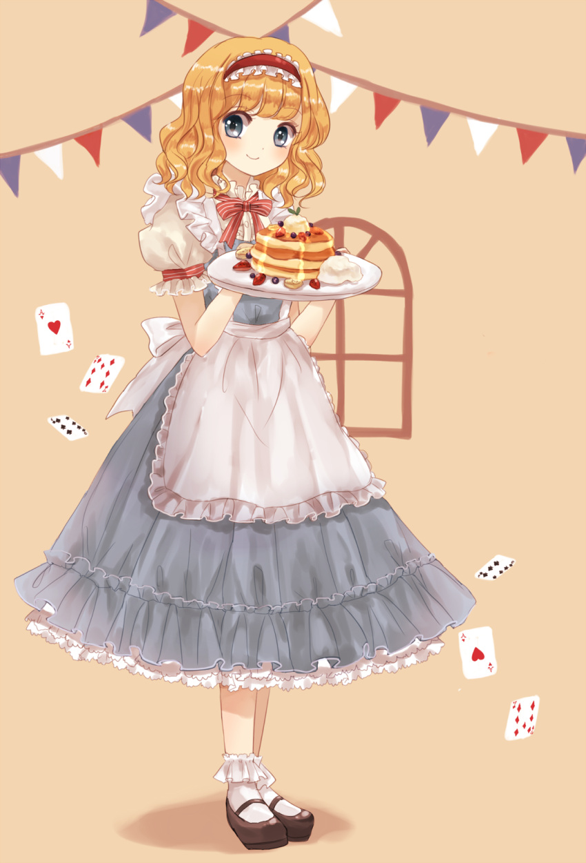 1girl alice_margatroid apron bangs blonde_hair blue_dress card carrying cream curly_hair dress food fruit full_body hairband highres looking_at_viewer mary_janes pancake plate puffy_short_sleeves puffy_sleeves red_ribbon ribbon shoes short_hair short_sleeves silver_hair simple_background smile socks solo standing strawberry syrup touhou white_legwear yuki_201
