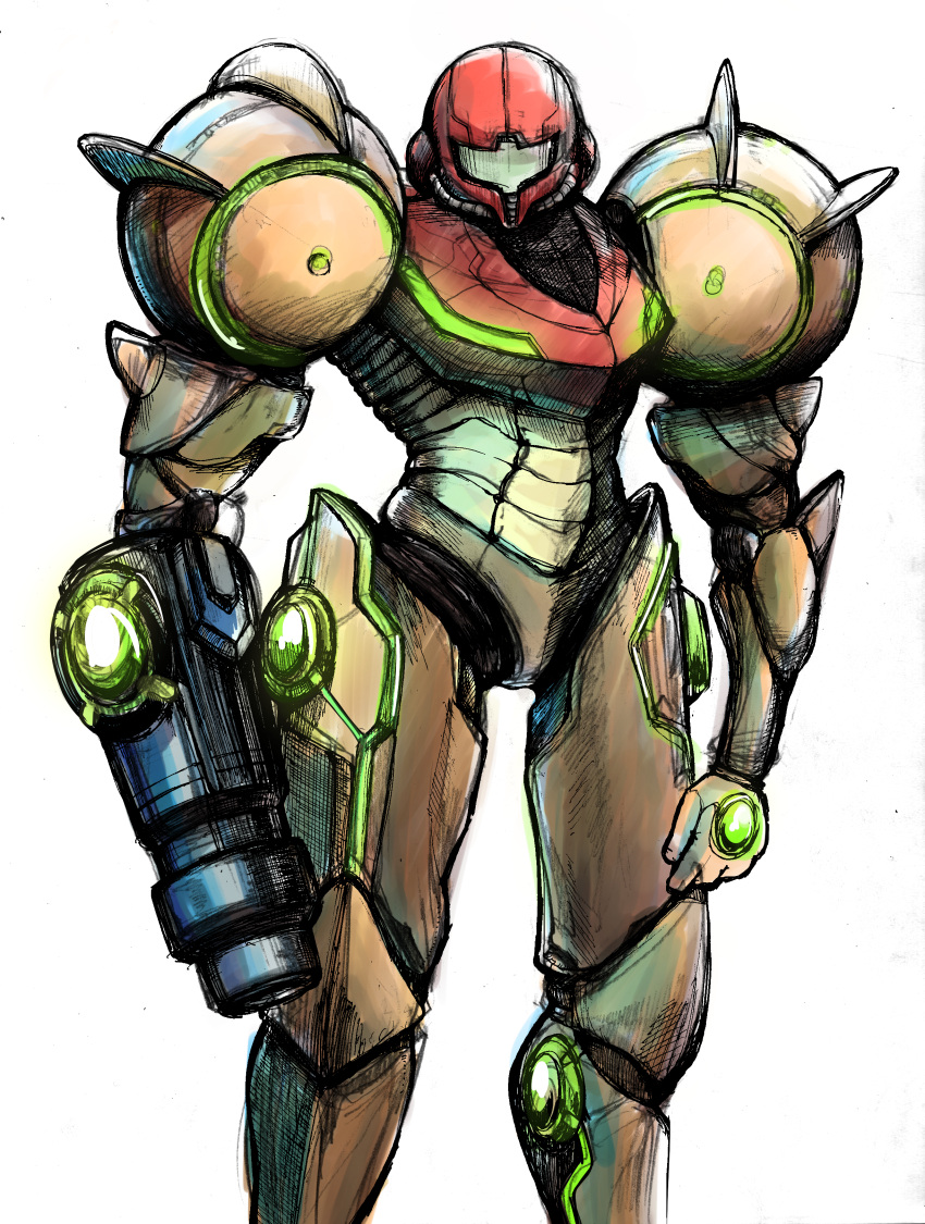 1girl absurdres armor glowing highres looking_at_viewer metroid nintendo power_armor samus_aran shoulder_pads simple_background solo standing varia_suit weapon white_background