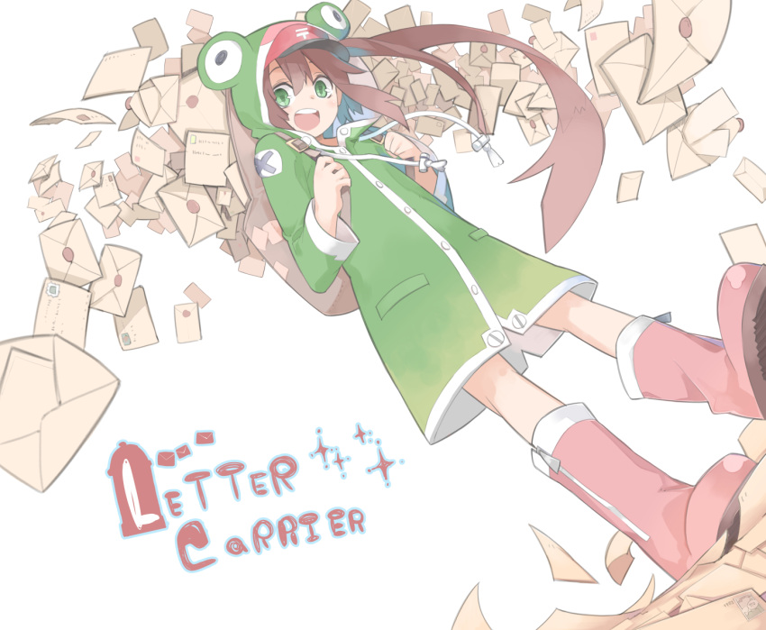 1girl aki_maki_yuu animal_costume backpack bag baseball_cap boots brown_hair dutch_angle frog_costume green_eyes hat highres letter long_hair looking_at_viewer open_mouth original overflow ponytail raincoat round_teeth rubber_boots solo standing tagme tareme teeth very_long_hair white_background zipper