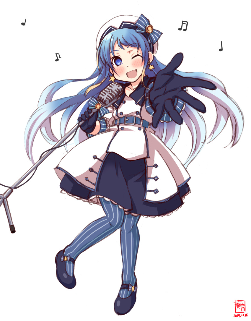 1girl absurdres alternate_costume artist_logo bangs beamed_sixteenth_notes beret blue_eyes blue_hair blue_legwear commentary_request dated dress eighth_note foreshortening gradient_hair hat highres kanon_(kurogane_knights) kantai_collection long_hair microphone microphone_stand multicolored_hair music musical_note pantyhose quarter_note samidare_(kantai_collection) simple_background singing solo striped striped_legwear swept_bangs very_long_hair white_background white_dress white_headwear