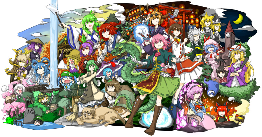 6+girls ajirogasa animal_ears bat_wings blonde_hair bow brown_hair cat_ears crescent detached_sleeves dog_ears double_bun frog_h frog_hair_ornament futatsuiwa_mamizou gradient_hair hair_bobbles hair_bow hair_ornament hair_tubes hat hat_bow hat_ribbon highres hijiri_byakuren hobgoblin_(touhou) ibaraki_kasen ibuki_suika izayoi_sakuya kaenbyou_rin kaku_seiga kan_(aaaaari35) kappa_mob kasodani_kyouko kirisame_marisa kochiya_sanae komeiji_satori konpaku_youmu moriya_suwako multicolored_hair multiple_girls mystia_lorelei one_eye_closed onozuka_komachi pink_eyes pink_hair purple_hair raccoon_ears raccoon_tail red_eyes redhead remilia_scarlet ribbon silver_hair solid_oval_eyes tail tatara_kogasa torii touhou toyosatomimi_no_miko twintails violet_eyes wild_and_horned_hermit wings yakumo_nanahara yasaka_kanako