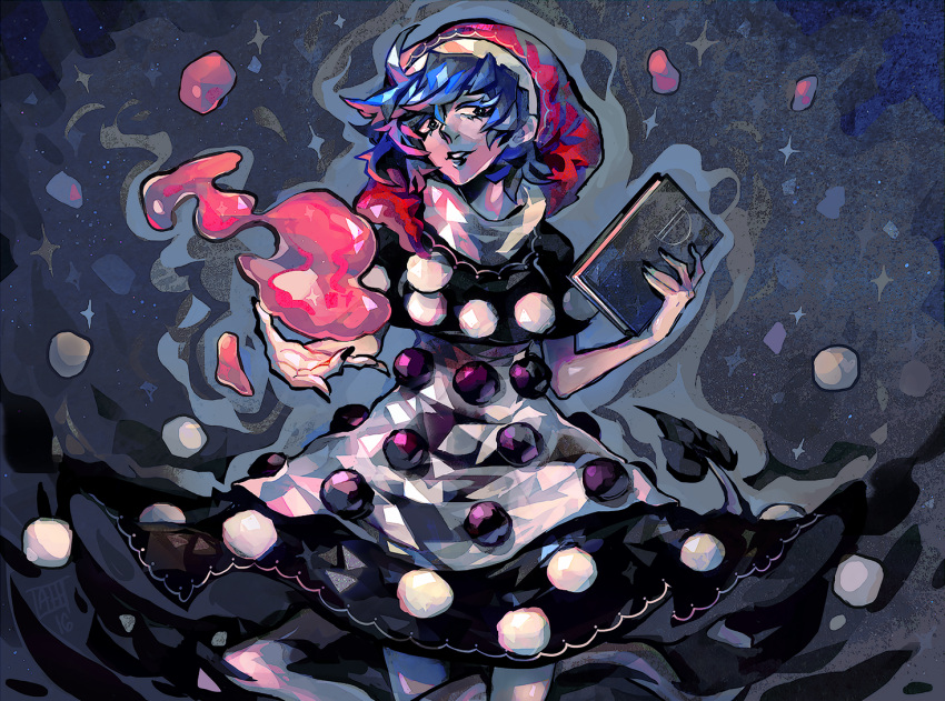 1girl arlmuffin blob blue_eyes blue_hair book colored_eyelashes doremy_sweet dress hat nightcap parted_lips pom_pom_(clothes) short_hair short_sleeves smile solo touhou