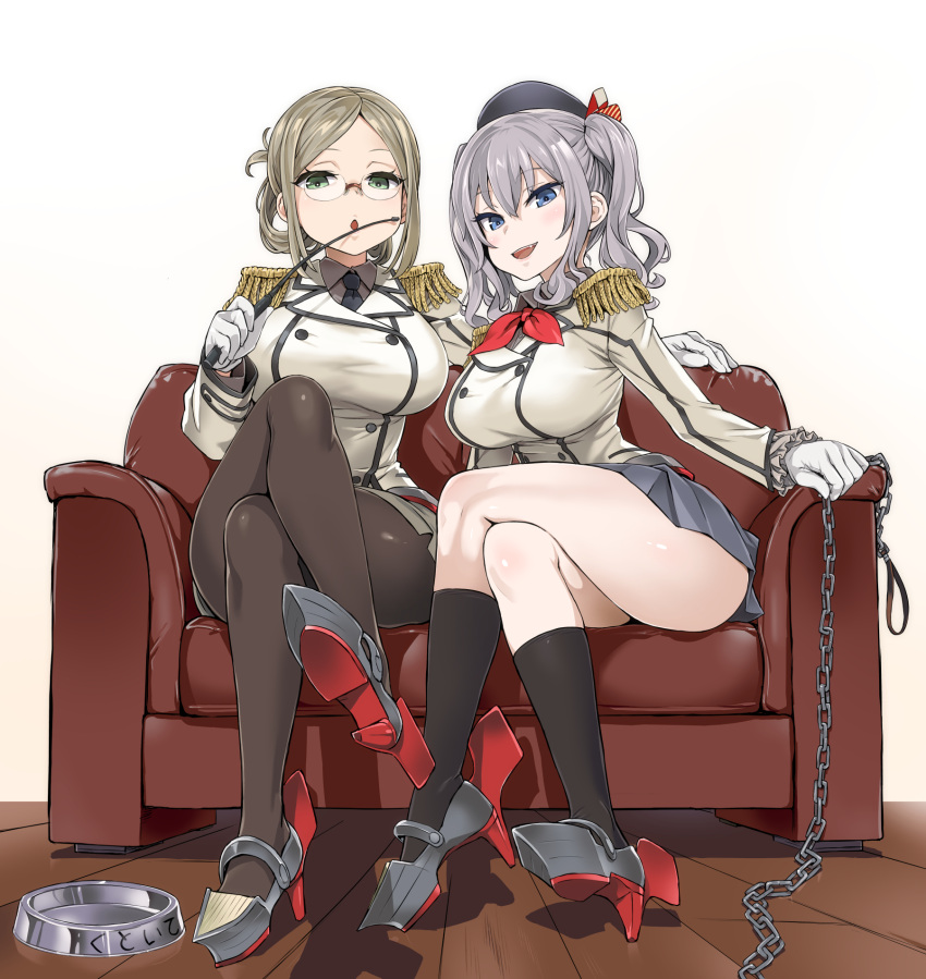 2girls :o arched_back asanagi bangs beret black_legwear blue_eyes blush bowl breasts brown_hair buttons chain collared_shirt couch crossed_legs double-breasted epaulettes fang folded_ponytail frilled_sleeves frills glasses gloves green_eyes hat high_heels highres jacket kantai_collection kashima_(kantai_collection) katori_(kantai_collection) kerchief kneehighs large_breasts legs long_hair looking_at_viewer military military_uniform miniskirt multiple_girls necktie open_mouth pantyhose parted_bangs pet_bowl pleated_skirt pointer red_ribbon ribbon riding_crop shadow shirt shoes sidelocks silver_hair simple_background sitting skirt smile twintails uniform wavy_hair whip white_background white_gloves wooden_floor