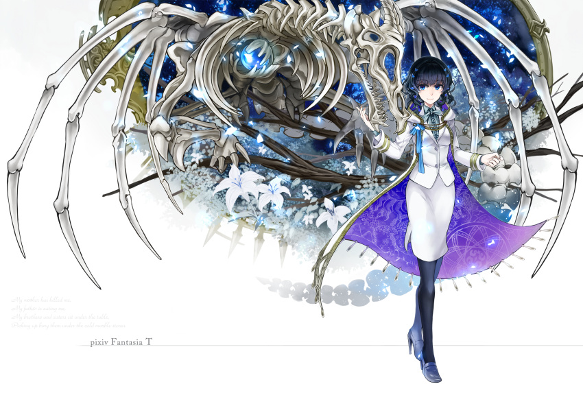 1girl black_hair black_legwear blue_eyes cape english flower gem hair_ornament highres leaf misoji original pantyhose pixiv_fantasia pixiv_fantasia_t poem skeleton skirt skirt_set smile wavy_hair