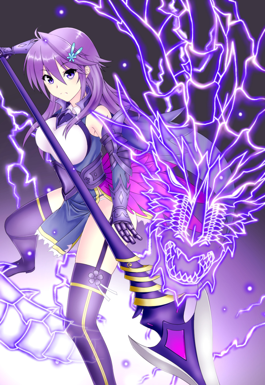 1girl anemone_(flower_knight_girl) armor armored_dress boots dragon expressionless fighting_stance flower_knight_girl full_body gauntlets hair_ornament hairclip highres long_gloves long_hair looking_at_viewer polearm purple purple_background purple_boots purple_hair skirt solo spear thigh-highs thigh_boots thigh_strap tksmk3custom violet_eyes weapon
