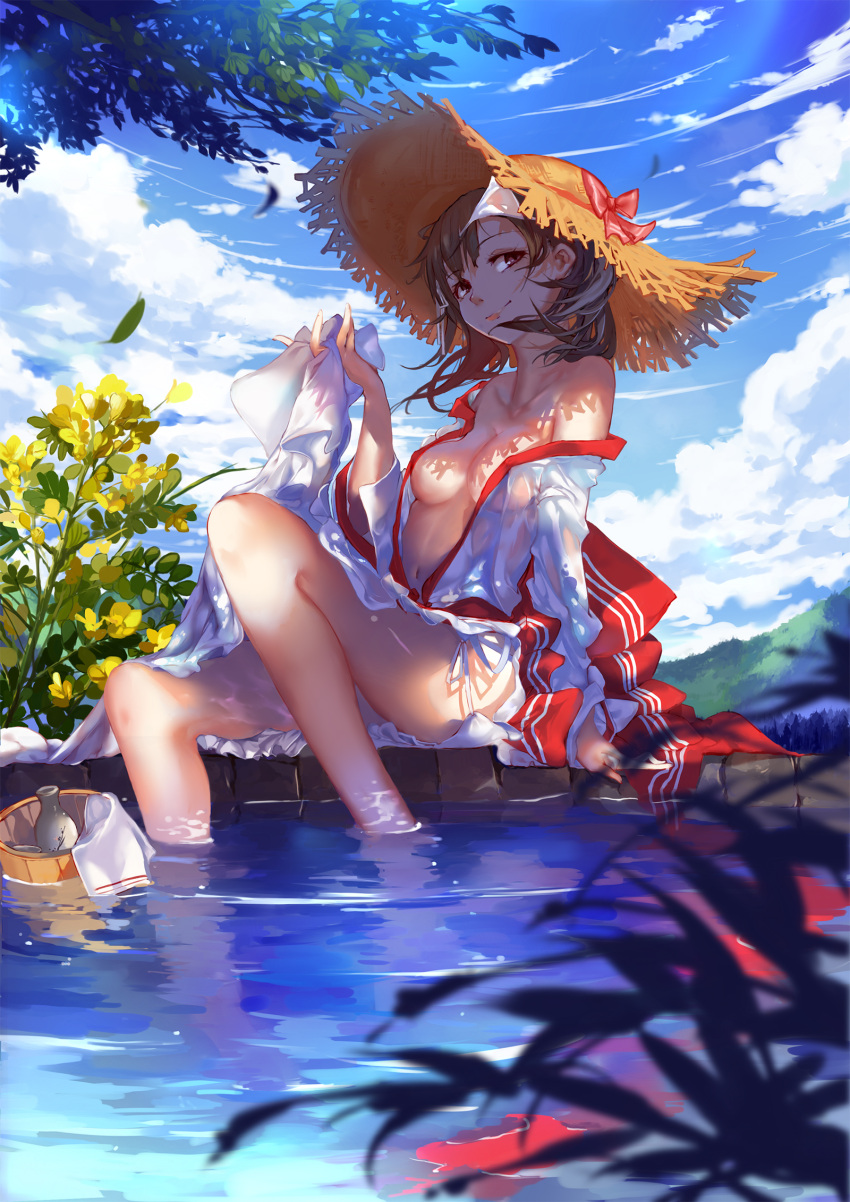 1girl bare_shoulders breasts brown_eyes brown_hair bucket cleavage clouds cloudy_sky collarbone feet_in_water hat hat_ribbon highres legs lips miko_ari open_clothes ribbon short_hair sitting sky smile soaking_feet solo straw_hat water wet wet_clothes