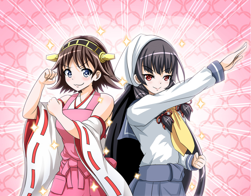&gt;:) &gt;:3 +_+ 2girls :3 apron bare_shoulders black_hair blush brown_hair clenched_hand clenched_hands detached_sleeves flipped_hair hair_ornament hair_ribbon hairband head_scarf headgear heart heart_background hiei_(kantai_collection) isokaze_(kantai_collection) japanese_clothes kantai_collection long_hair long_sleeves looking_at_viewer multiple_girls no_gloves nontraditional_miko pink_apron plaid pleated_skirt pose red_eyes ribbon ribbon-trimmed_sleeves ribbon_trim school_uniform serafuku short_hair skirt smile sparkle sparkling_eyes symbol-shaped_pupils tenugui tk8d32 tress_ribbon