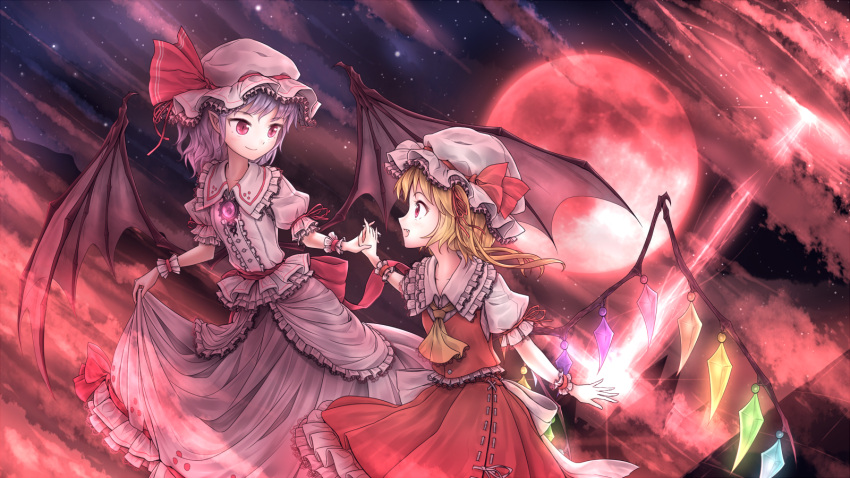 2girls ascot bat_wings blonde_hair bow brooch demon_wings dress dress_lift fang flandre_scarlet full_moon hat hat_bow highres jewelry lavender_hair lifted_by_self looking_at_another minust mob_cap moon multiple_girls night night_sky open_mouth outdoors pointy_ears puffy_short_sleeves puffy_sleeves red_bow red_eyes red_moon red_ribbon red_skirt remilia_scarlet ribbon short_hair short_sleeves side_ponytail skirt skirt_set sky star_(sky) starry_sky touhou wings wrist_cuffs