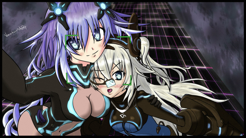 2girls arched_back artist_name ass bangs black_gloves black_heart blue_eyes blush bodysuit breasts choujigen_game_neptune emblem gauntlets gloves hair_between_eyes hand_on_shoulder head_mounted_display head_on_chest headgear long_hair multiple_girls neon_trim neptune_(choujigen_game_neptune) neptune_(series) next_black next_purple noire open_mouth outstretched_arm power_symbol purple_hair purple_heart self_shot shin_jigen_game_neptune_vii skin_tight smile symbol-shaped_pupils turtleneck twintails two_side_up very_long_hair visor white_hair yuri
