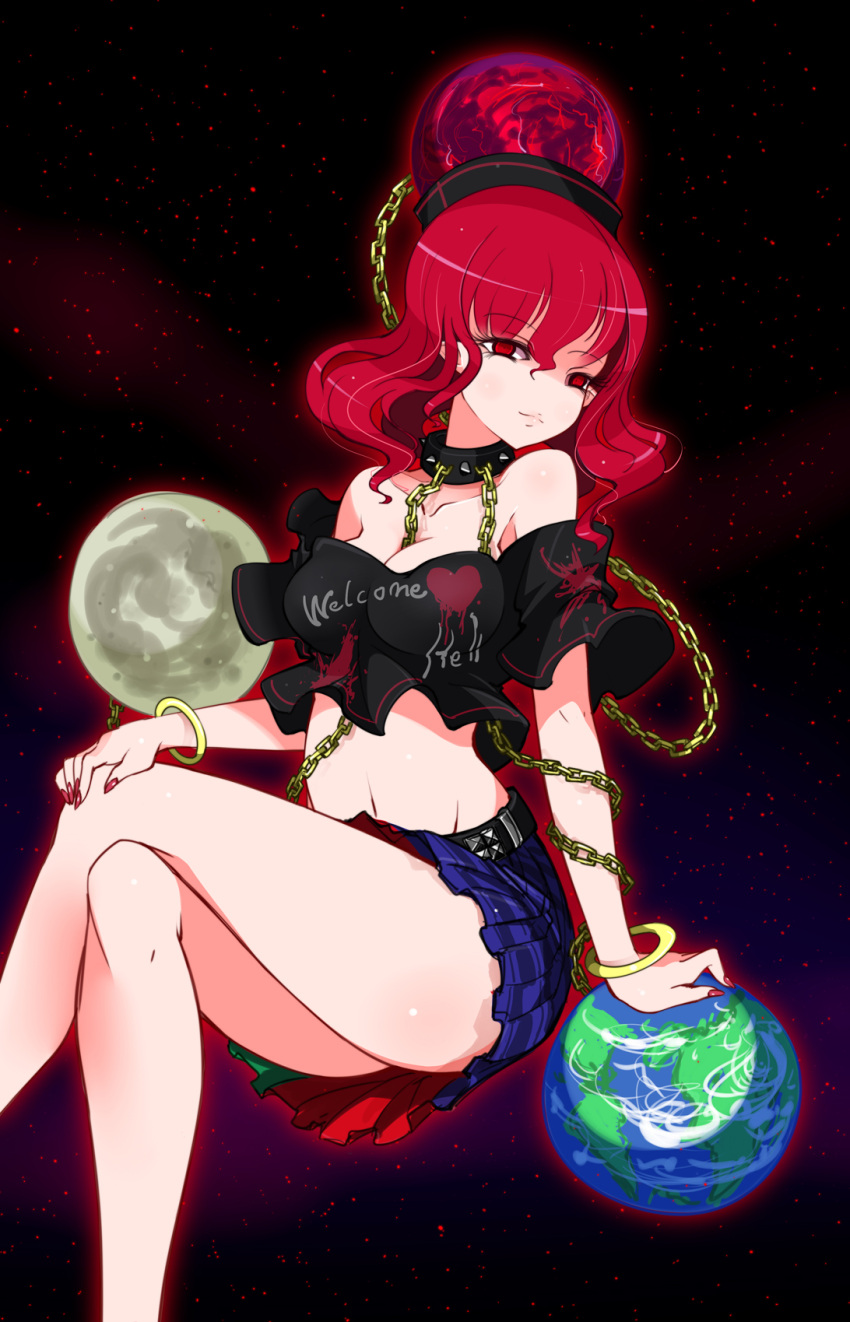1girl bare_legs bare_shoulders belt bracelet breasts chain cleavage clothes_writing collar crossed_legs earth_(ornament) hat hecatia_lapislazuli highres jewelry large_breasts looking_at_viewer midriff moon_(ornament) nail_polish navel plaid plaid_skirt raptor7 red_eyes red_nails redhead shirt skirt solo spiked_collar spikes t-shirt touhou