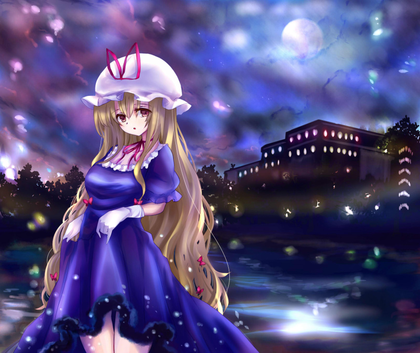 1girl blonde_hair bow building choker clouds dress dress_lift forest full_moon gloves hair_bow hat hat_ribbon highres lights long_hair looking_at_viewer mob_cap moon nature night night_sky parted_lips purple_dress reflection ribbon ribbon_choker short_sleeves silhouette sky solo thighs totolarc touhou very_long_hair violet_eyes wading water_droplets white_gloves yakumo_yukari