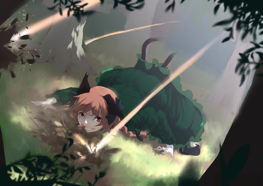 1girl action all_fours animal_ears ass back black_shoes blurry braid bush cat_ears cat_tail clenched_teeth danmaku depth_of_field dodging dress forest grass green_dress ground kaenbyou_rin light_particles mirukia nature on_ground perspective redhead shattering shoes solo tail teeth touhou tree twin_braids