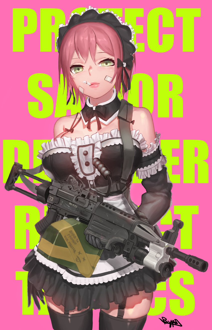 1girl absurdres apron bandaid bandaid_on_face bare_shoulders black_gloves black_legwear bow breasts bypos cigarette cleavage cowboy_shot detached_collar elbow_gloves english frills garter_straps gloves green_eyes gun hair_bow highres large_breasts looking_at_viewer maid maid_headdress military original pink_hair rifle short_hair solo tagme thigh-highs weapon zettai_ryouiki