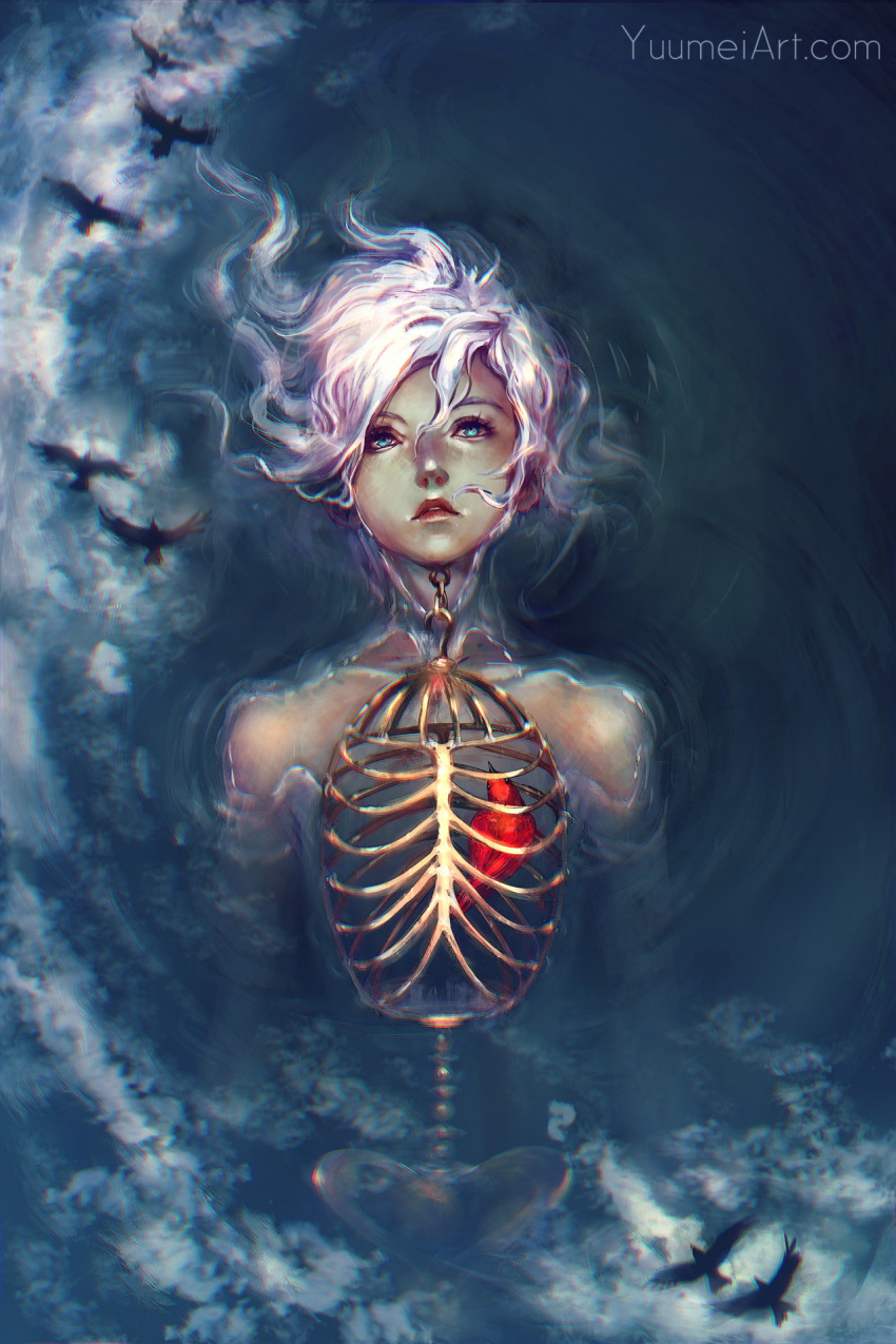androgynous animal artist_name bird birdcage black_wings blank_stare blue_eyes cage collarbone expressionless flying from_above glint highres hood looking_afar looking_up nose nude original outstretched_wings partially_submerged pink_hair realistic reflection solo upper_body water watermark web_address wenqing_yan wings