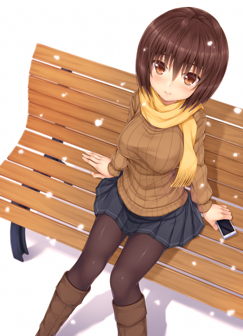 1girl antenna_hair arm_at_side bench blush boots breasts brown_boots brown_eyes brown_hair brown_legwear cellphone closed_mouth eyebrows eyebrows_visible_through_hair fingernails hair_between_eyes highres holding_phone kitou_kaitai knee_boots large_breasts long_sleeves looking_at_viewer original pantyhose park_bench phone pleated_skirt short_hair simple_background sitting skirt smartphone smile snowflakes snowing solo white_background