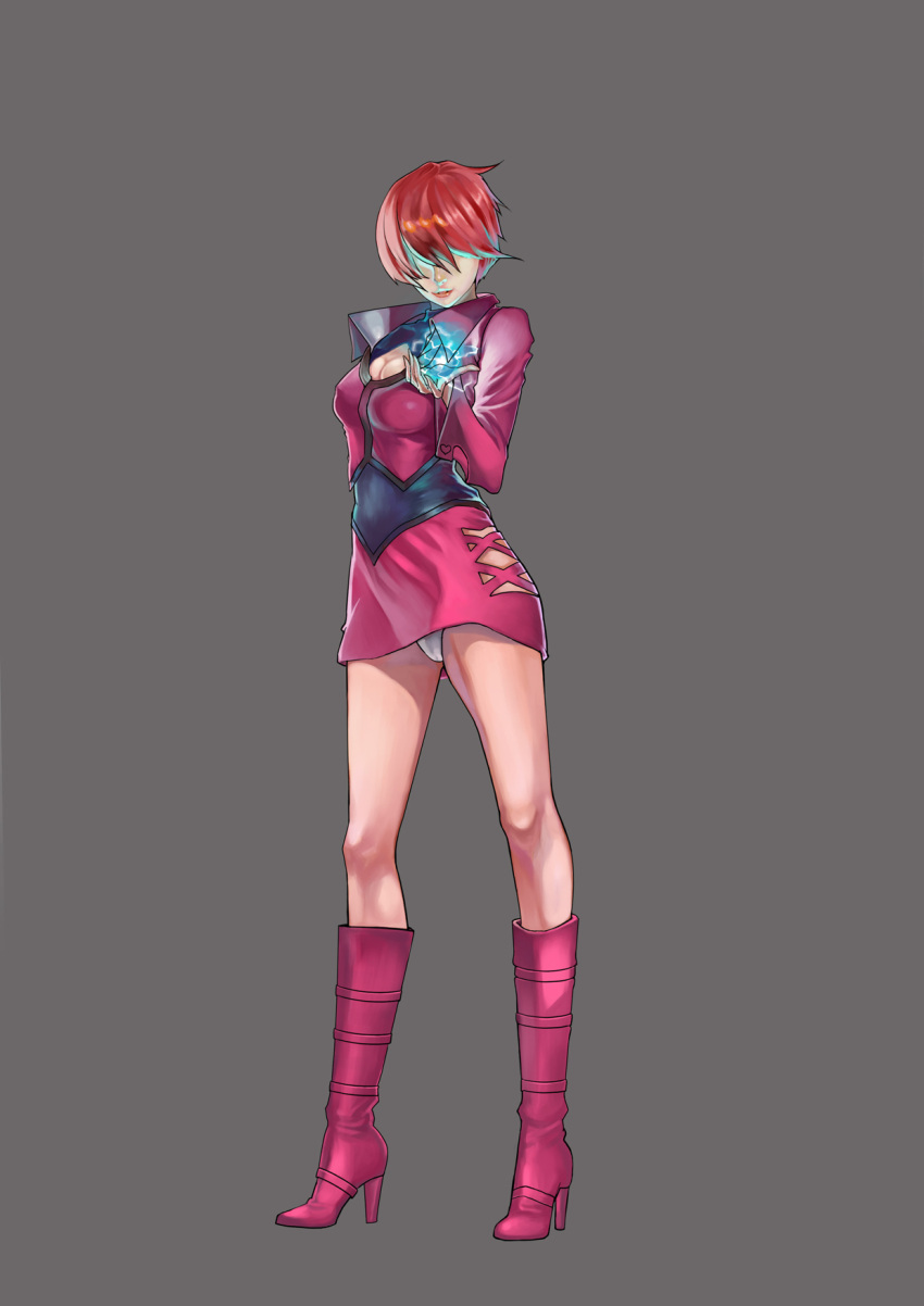 1girl artist_request boots breasts cleavage cleavage_cutout cropped_jacket dark_persona dark_skin earrings electricity hair_over_eyes highres jewelry large_breasts leotard lipstick long_hair makeup miniskirt orochi_shermie purple_hair shermie skirt solo split_ponytail the_king_of_fighters the_king_of_fighters_'97 twintails