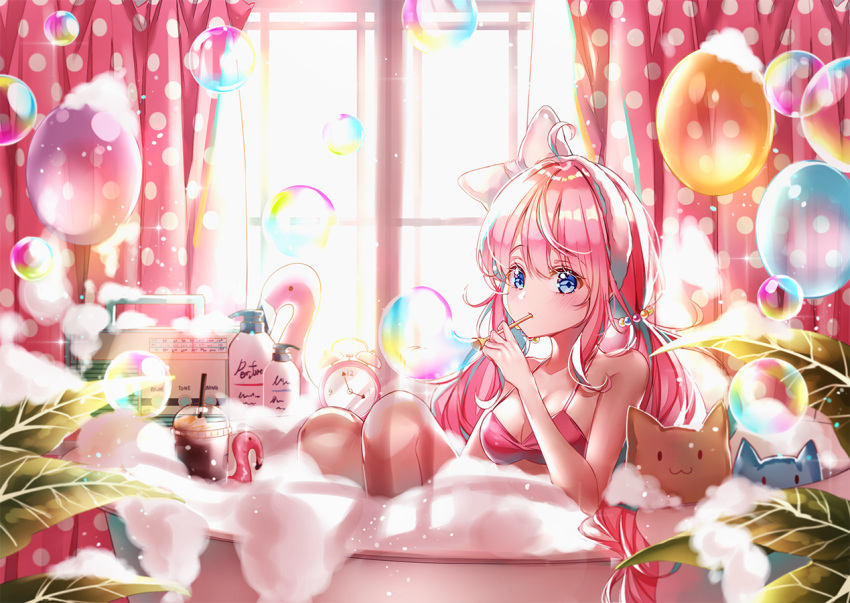 1girl ahoge alarm_clock balloon bangs bath bathing bathtub bikini_top bird blue_eyes bottle bow breasts bubble_bath bubble_blowing bubble_pipe cat cleavage clock cup curtains day drinking_straw flamingo hair_bow indoors lium long_hair looking_at_viewer medium_breasts original pink_bikini_top pink_hair polka_dot polka_dot_curtains radio solo twintails white_bow window