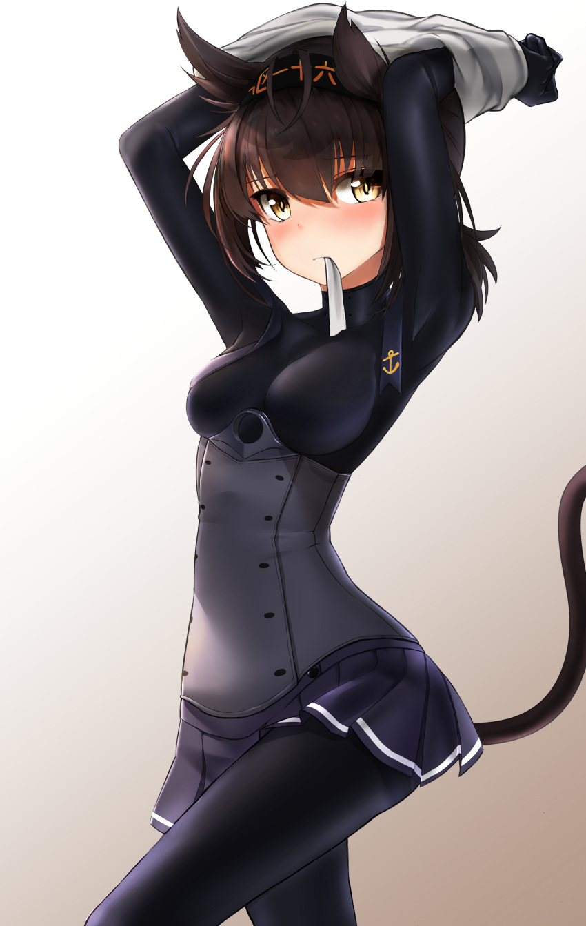 1girl absurdres anchor antenna_hair black_skirt bodysuit breasts brown_hair cat_tail frown hair_between_eyes hair_flaps hatsuzuki_(kantai_collection) highres kantai_collection kemonomimi_mode looking_at_viewer mouth_hold nekodayo22 pantyhose pleated_skirt shirt short_hair simple_background skin_tight skirt solo standing tail tareme two_side_up underbust undressing white_background white_shirt yellow_eyes