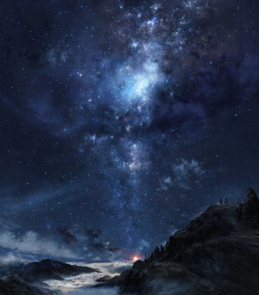 androgynous back blue clouds commentary_request fire fog from_behind hat highres iy_tujiki milky_way mountain night night_sky original outdoors scenery sitting sky star_(sky) starry_sky sun sunrise
