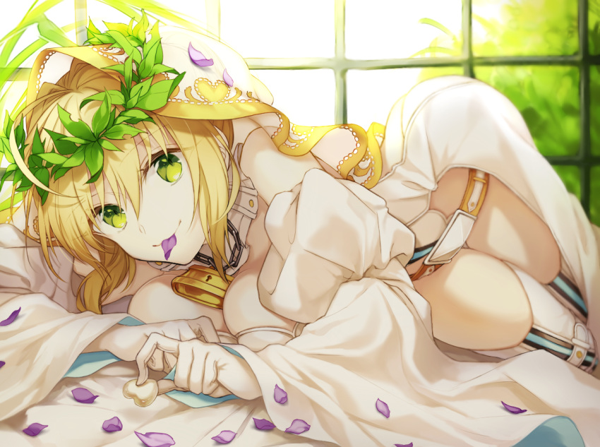 1girl ahoge ass bangs belt between_breasts blonde_hair blurry breast_press breasts chain cleavage depth_of_field detached_sleeves dress fate/grand_order fate/stay_night fate_(series) gloves green_eyes hair_between_eyes head_wreath heart heart_print holding leaf lock long_hair looking_at_viewer lying mouth_hold on_side padlock panties petals puffy_sleeves saber_extra see-through smile solo thigh-highs underwear veil white_dress white_gloves white_legwear white_panties wide_sleeves windoe wowishi