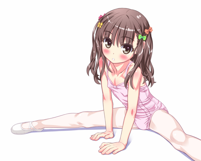 1girl aoi_kumiko arm_support ballerina ballet ballet_slippers bare_shoulders blush brown_eyes brown_hair commentary_request flat_chest hair_ribbon leotard long_hair looking_at_viewer open_mouth original pantyhose ribbon sitting solo spread_legs twintails white_legwear