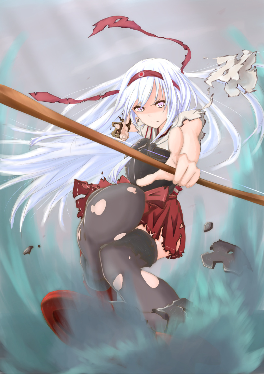 &gt;:( 1girl black_legwear bow_(weapon) foreshortening gloves hairband hakama_skirt highres japanese_clothes kantai_collection lavender_eyes long_hair looking_at_viewer miko muneate red_skirt rucchiifu shoukaku_(kantai_collection) silver_hair skirt solo thigh-highs torn_clothes torn_gloves torn_skirt torn_thighhighs weapon